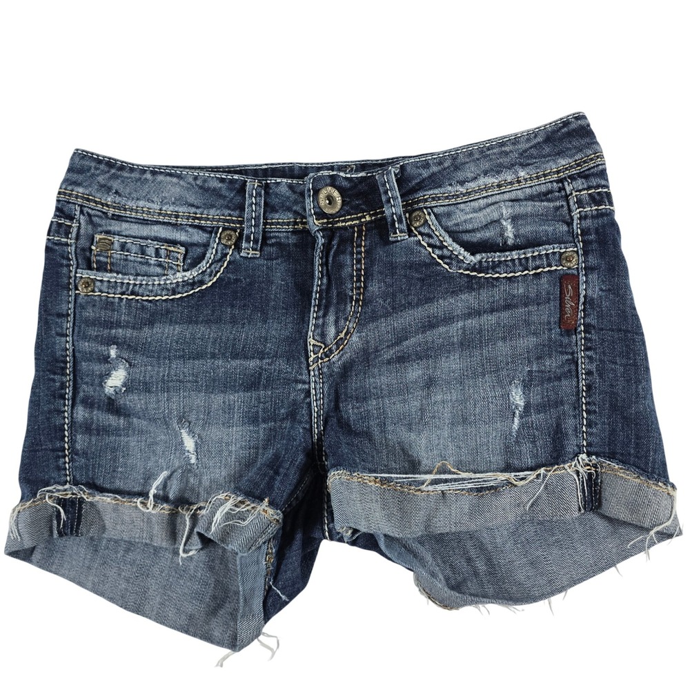 Silver Jeans Toni 3.5" Mid Rise Distressed Denim Shorts Dark Wash‎ W29
